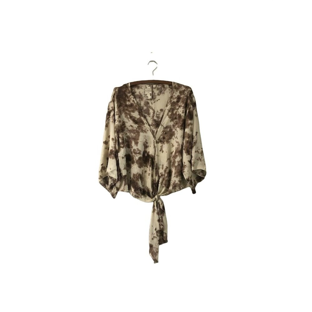 Blu Pepper Boho Brown Beige Marbled Tie Front Silky Blouse Medium